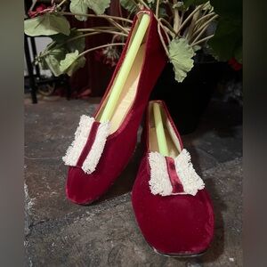 1960s 60s  Vintage Mercury Red Velvet Flats Shoes Embellished w/ Ivory Lace 7